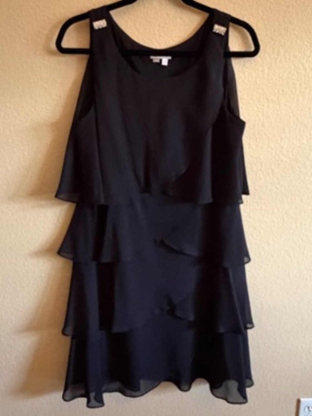 Signature Tessa black ruffled layer dress w/silver and rhinestone accents sz 14